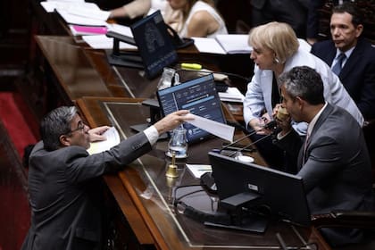 Germán Martínez le habla al presidente de la Cámara baja, Martín Menem, durante la sesión en Diputados