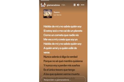 Gianinna Maradona respondió a través de sus stories de Instagram con la letra de una canción