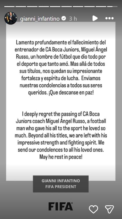Gianni Infantino posteó sobre Russo; "Impresionante fortaleza y espíritu de lucha", destacó el presidente de FIFA.