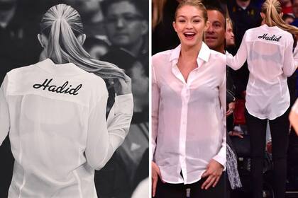 Gigi Hadid muy canchera con su camisa durante un partido de básquet