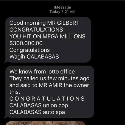 El mensaje que recibió Gilbert Arenas en el que le avisan que ganó 300.000 dólares. Crédito: Instagram Gilbert Arenas