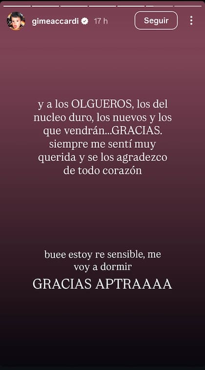 Gimena Accardi agradeció el apoyo del público y a APTRA por la nominación