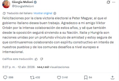 Giorgia Meloni felicitó a Peter Magyar