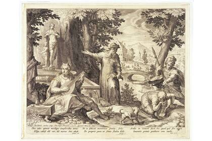 Girolamo Fracastoro muestra al pastor Syphilus y al cazador Ilceus una estatua de Venus para advertirles del peligro de infección por sífilis. Grabado de Jan Sadeler I, 1588/1595. / Wellcome Collection