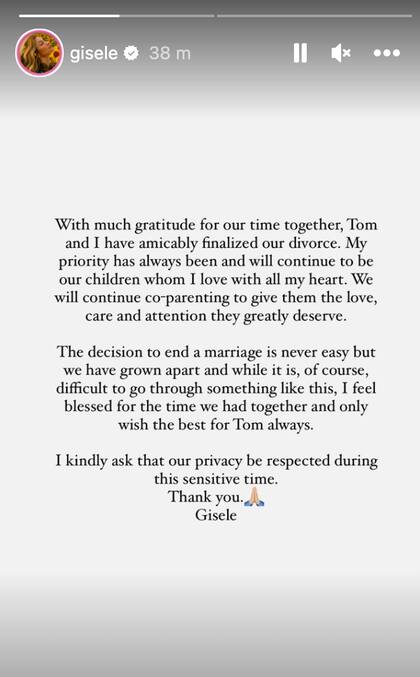 Gisele Bündchen confirmó su separación de Tom Brady
