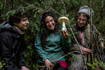 La ambientalista Giuliana Furci, con los hermanos Merlin y Cosmo Sheldrake, durante el viaje al Parque Nacional Alerce Costero