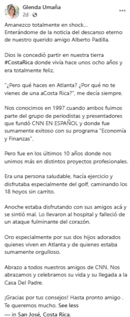 Glenda Umaña, compañera de Alberto Padilla en CNN, expresó su tristeza en una publicación (Facebook: Glenda Umaña)