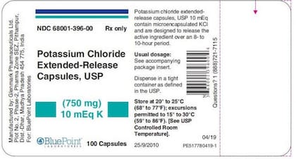 Glenmark Laboratories emitió una orden para retirar 114 lotes de cápsulas de cloruro de potasio de 750 mg/ Imagen: FDA