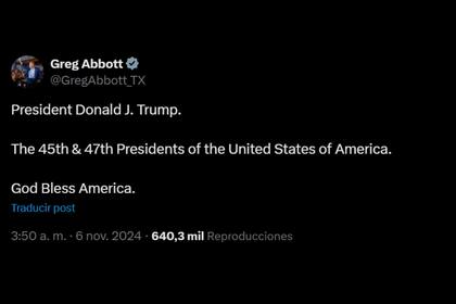 "God Bless America", el final del festejo del gobernador Abbott tras la victoria de Donald Trump en las elecciones