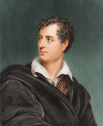 Grabado coloreado muestra un retrato del poeta y escritor británico George Gordon, Lord Byron (1788-1824), a principios de 1800