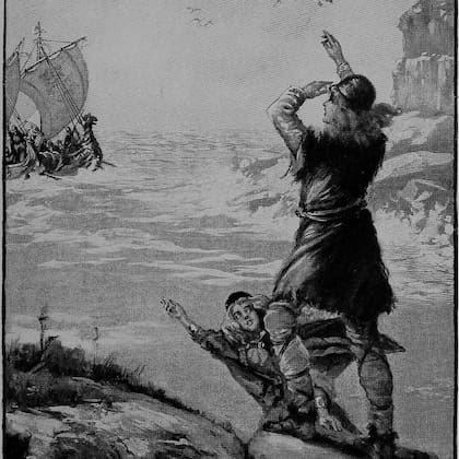 Grabado de los exploradores islandeses, Thorfinn Karlsefni y Gudrid Thorbjarnardottir, del libro "Héroes errantes" de Lillian Louise Price, 1902