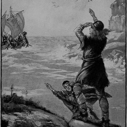 Grabado de los exploradores islandeses, Thorfinn Karlsefni y Gudrid Thorbjarnardottir, del libro "Héroes errantes" de Lillian Louise Price, 1902