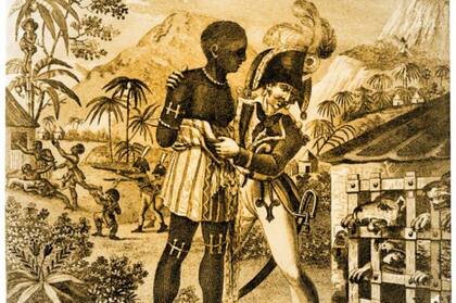 Grabado de un boceto del soldado británico Marcus Rainsford que muestra cómo entrenaban a los sabuesos en Santo Domingo usando esclavos, 1791-1803