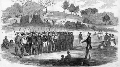 Grabado de William Walker entrenando a sus soldados en Virgin Bay, Nicaragua