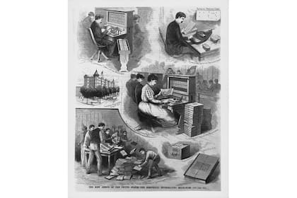 Grabado que muestra los usos del nuevo mecanismo de ingeniería eléctrica durante el censo de EE.UU., diseñado por Herman Hollerith y utilizado para tabular información utilizando un sistema de tarjeta perforada, 1890
