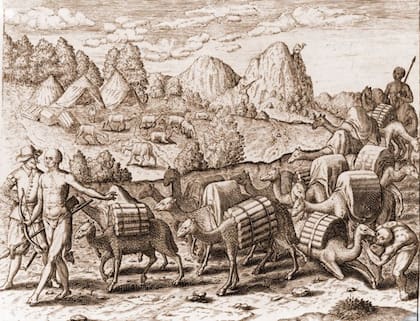 Grabado según una pintura de Jacques Le Moyne, con una caravana de llamas que transportan plata de las minas de Potosí.