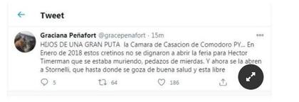 Graciana Peñafort tuiteó insultos contra la Cámara de Casación de Comodoro Py y luego lo borró, porque se había equivocado de tribunal
