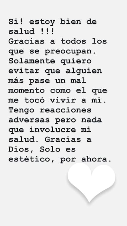 "Gracias a Dios solo es estético, por ahora" (Instagram, Eliana Guercio)