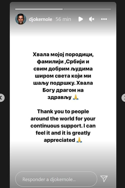 "Gracias a la gente de todo el mundo por su apoyo continuo. Lo puedo sentir y lo agradezco profundamente", el mensaje de Novak Djokovic para agradecer las muestras de cariño tras la decisión del gobierno australiano de denegarle la visa