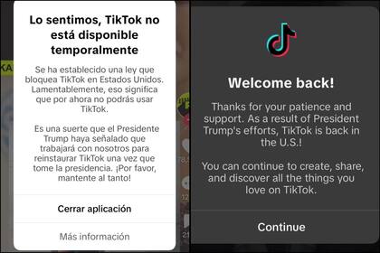 “Gracias a los esfuerzos del presidente Trump, TikTok regresó a Estados Unidos”, decía la notificación enviada por la plataforma