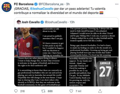 "¡Gracias, @JoshuaCavallo por dar un paso adelante", escribieron en la cuenta de Twitter del FC Barcelona