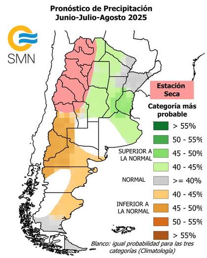 Gráfico de tendencia trimestral de precipitaciones en la Argentina entre junio y agosto de 2025