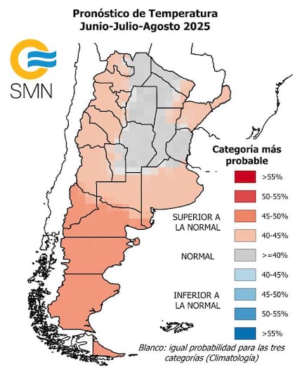Gráfico de tendencia trimestral de temperatura en la Argentina entre junio y agosto de 2025