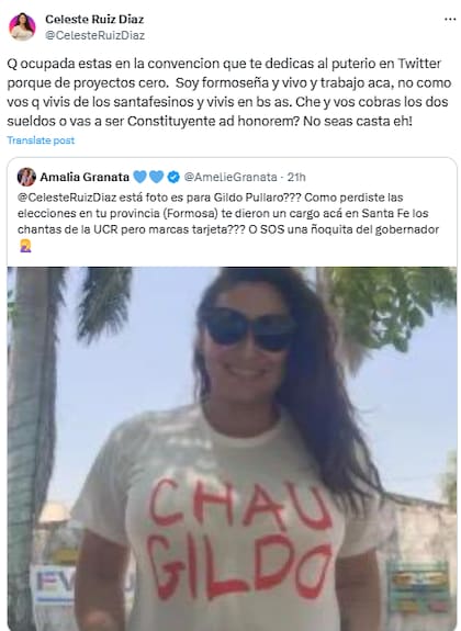 Granata publicó una foto de Ruiz Díaz donde la funcionaria aparecía con una remera que decía: "Chau Gildo"