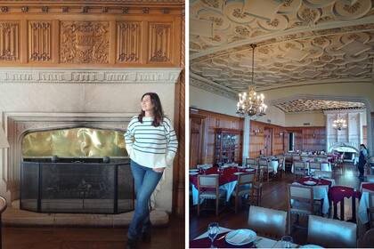 Grandes chimeneas con frentes trabajados y el impactante artesonado del cielo raso, detalles para perderse mientras llega un menú muy Mar del Plata.