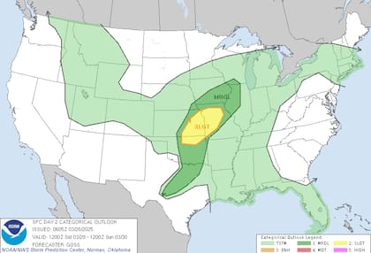 Granizo de más de cinco cm de diámetro podría impactar el norte de Oklahoma y Kansas el sábado por la noche, según el SPC