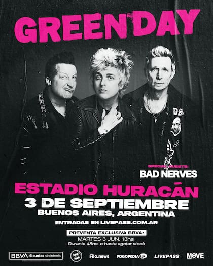 Green Day se presentará el 3 de septiembre en el Estadio de Huracán (Foto: livepass.com.ar)