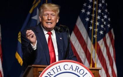 GREENVILLE, NC - JUNE 05: Former U.S. President Donald Trump addresses the NCGOP state convention on June 5, 2021 in Greenville, North Carolina. The event is one of former U.S. President Donald Trumps first high-profile public appearances since leaving the White House in January.   Melissa Sue Gerrits/Getty Images/AFP (Photo by Melissa Sue Gerrits / GETTY IMAGES NORTH AMERICA / Getty Images via AFP)