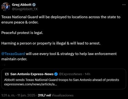 Greg Abbot adelantó que movilizará la Guardia Nacional de Texas en diferentes puntos del estado para contener las protestas