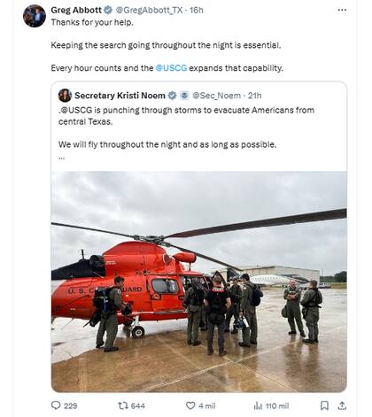 Greg Abbott agradeció a Kristi Noem por el envío de helicópteros de la Guardia Costera para dar apoyo con la búsqueda y rescate de afectados por las inundaciones en Texas.