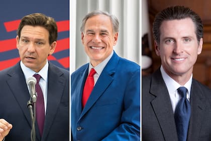 Greg Abbott (al centro) percibe US$153.750 al año, mientras que Gavin Newsom (derecha) recibe US$250 mil; ambos por sobre DeSantis