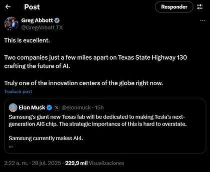 Greg Abbott apoya la unión de Tesla y Samsung para crear el chip AI6 que marcará un precedente en el ámbito de la inteligencia artificial aplicada a la movilidad