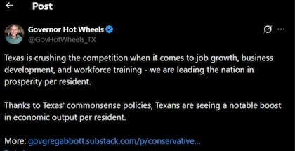 Greg Abbott asegura que las políticas conservadoras de reducción de impuestos elevan los estándares de vida locales