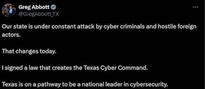 Greg Abbott aseguró en sus redes sociales que Texas está en camino de convertirse en un líder nacional en ciberseguridad