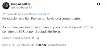 Greg Abbott celebró el triunfo de Ken Paxton en la segunda vuelta de las elecciones primarias republicanas de Texas