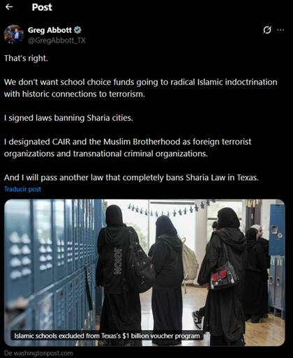 Greg Abbott excluye a dos docenas de escuelas islámicas del programa de vales de US$1000 millones