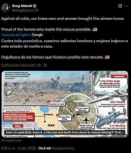 Greg Abbott felicitó a las Fuerzas Armadas por el rescate del piloto estadounidense