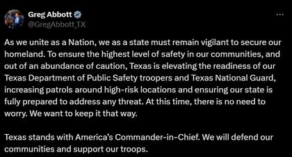 Greg Abbott respaldó la decisión de Donald Trump y aseguró que acompañará el trabajo de las fuerzas