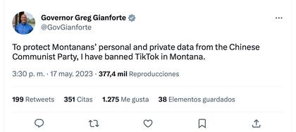 Greg Gianforte anuncia la medida contra TikTok en su cuenta de Twitter