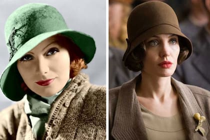 Greta Garbo y Angelina Jolie, con sendos sombreros colche, un look retro y femenino