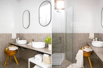 Grifería (FV). Bachas (Ideal). Espejos (Reflejar). Azulejos subway (Trencadís). Piso, revestimiento y mesada de terrazo (Pimux). Toallas (Lote Propio). Mesa-carrito (Muett). Canasto de palma (Paysana).