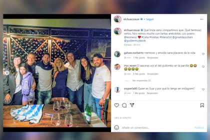 Griselda Siciliani, Adirán Suar y su hija Margarita, Lionel Messi, Celia Cuccittini, Gustavo Bermúdez, Sol y Matías Messi durante la cena que compartieron en Don Julio