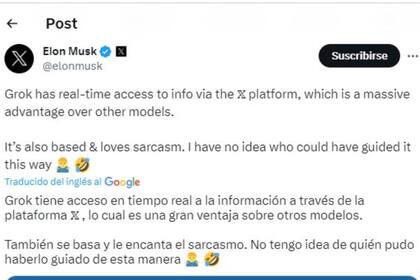 Grok todavía no salió, pero su creador, Elon Musk, ya comenzó a promocionarlo en sus redes sociales, y anticipa que al nuevo asistente de IA "le encanta el sarcasmo"