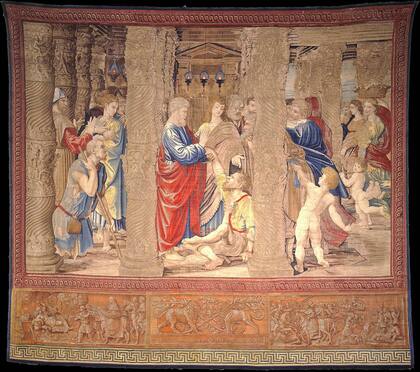 "Guarigione dello storpio" fue realizado en los talleres de Bruselas, con hilos de oro y plata