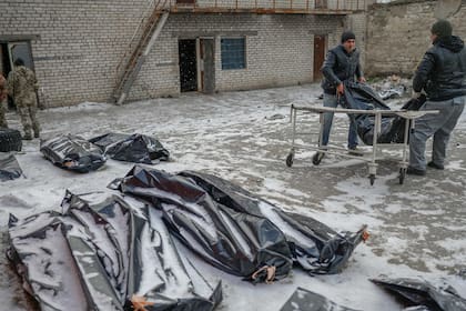 Varios cuerpos se apilan en un patio cubierto de nieve en Mykolaiv, una ciudad a orillas del Mar Negro que ha estado bajo ataque ruso durante varios  días 