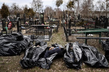 Las bolsas para cadáveres están alineadas para su identificación por parte del personal forense y los agentes de policía en el cementerio de Bucha, al norte de Kyiv